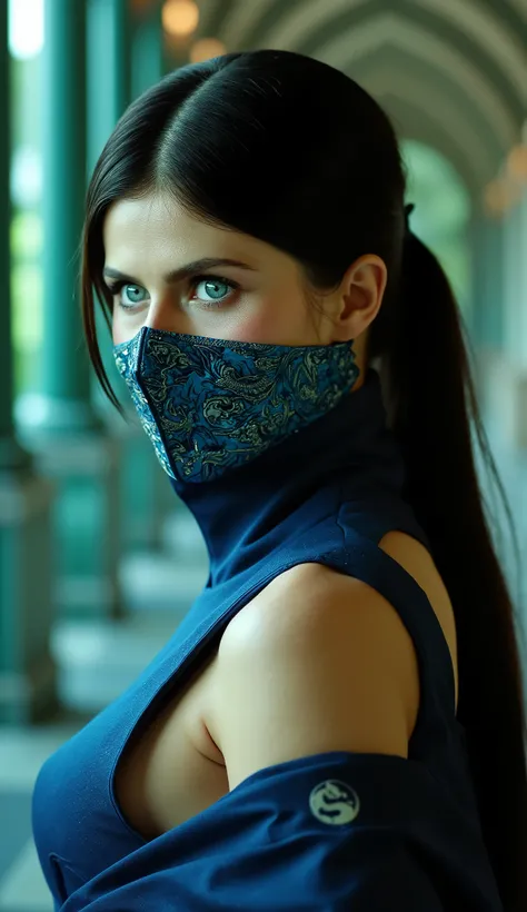 Here's a detailed prompt to generate a super realistic image of Alexandra Daddario as Kitana, with a shiny metal mask and details blue, Focus on upper body: "Hyper-realistic Close-up of Alexandra Daddario as Kitana, The warrior of *  mortal kombat*. She is...