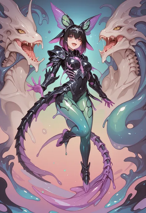 Alien fusion girl. HR Giger design elements. Liquid metal body. Slime body. Black color body. Bone armor. Arms transform into monsters. Monster head. Bares fangs. Legs turn into tails. Tail made of spine. Bioluminescent organs.
