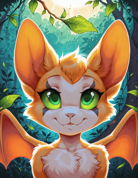 venison style,, masterpiece, best quality, very aesthetic, 1girl,, solo, furry, fidget \(elysian tail\), nimbat, fidget_daet, anthro, furry female, wings, tail, green eyes, colored sclera, bat wings, facial markings, orange fur, white fur, two-tone fur,mem...