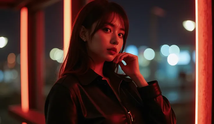” There is a hint of laughter in the corners of the mouth，collar slightly vertical。With a concise yet personal，showing a confident and detached posture，The flowing lines of the windbreaker enhance the dynamics。The dark red of a red wine glass corresponds t...