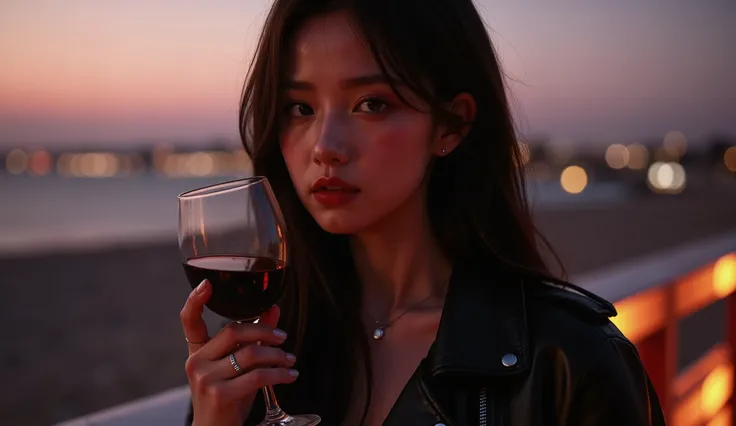 ” There is a hint of laughter in the corners of the mouth，collar slightly vertical。With a concise yet personal，showing a confident and detached posture，The flowing lines of the windbreaker enhance the dynamics。The dark red of a red wine glass corresponds t...