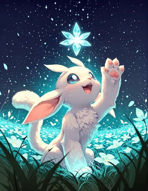 venison style,, solo furry, no human, guardian spirit, ori \(ori\), white body, big eyes, half-length portrait, fluffy, curious, happy, open mouth, looking up, head up, particles, raised one hand, blue glowing crystal, floating crystal, BREAK, masterpiece,...