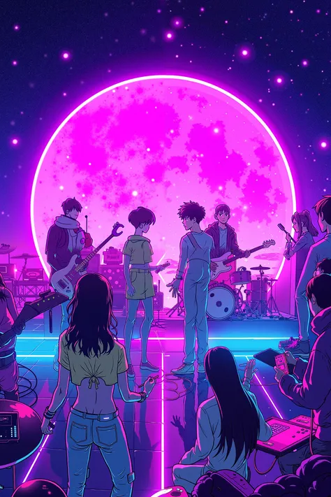 japanese colorful anime illustration of extraterrestrial electronic music band ,anime musical science fiction,Daft Punk,widescreen angle dynamic view, festive joyful comic scene,cinematic shot, template image setup for music cartoon videoclip,Neon LED volu...