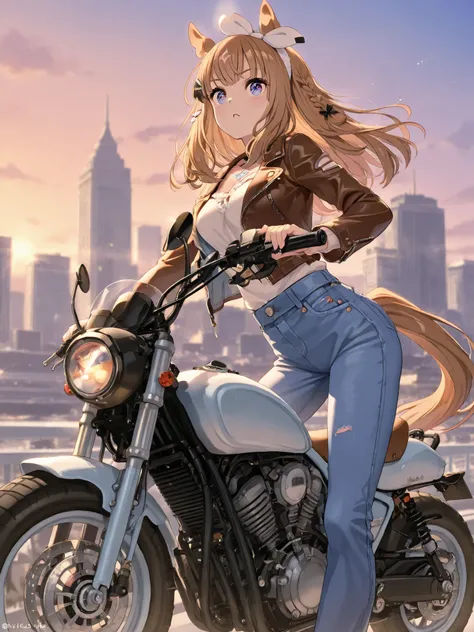 masterpiece、almond eye(Uma Musume)、yabuki、High Quality、8K、1 girl, Scout Bobber, Leather jacket, denim pants, ride motorcycle、Cityscape background