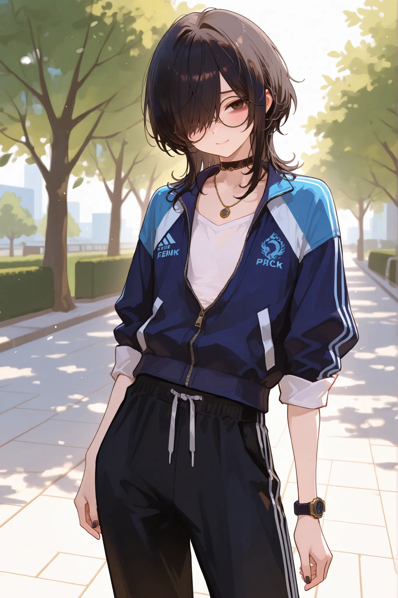 1boy, femboy, black hair, wavy hair, medium hair, hair over half of face, hair over one eye, brown tired eyes, thin eyes, choker necklace, elegant, long legs, sexy pose, in a park, dynamic lighting, flat chest, circle glasses, elegant face, casual outfits,...