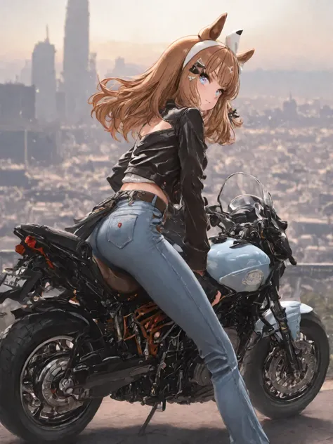 masterpiece、almond eye(Uma Musume)、yabuki、High Quality、8K、1 girl, Scout Bobber, Leather jacket, denim pants, ride motorcycle、Cityscape background