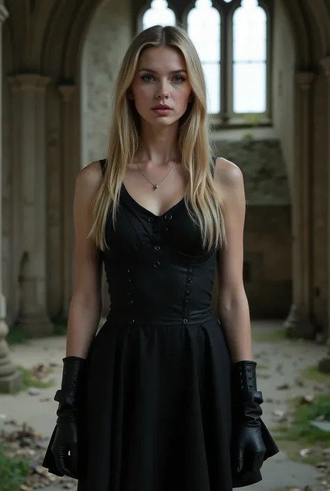 Create a realistic photograph of a beautiful 20-year-old girl with fair skin and long straight blonde hair. She is wearing a flowing gothic mini dress and striking a pose in a full-body shot. The setting is the interior of a ruined castle in Scotland.