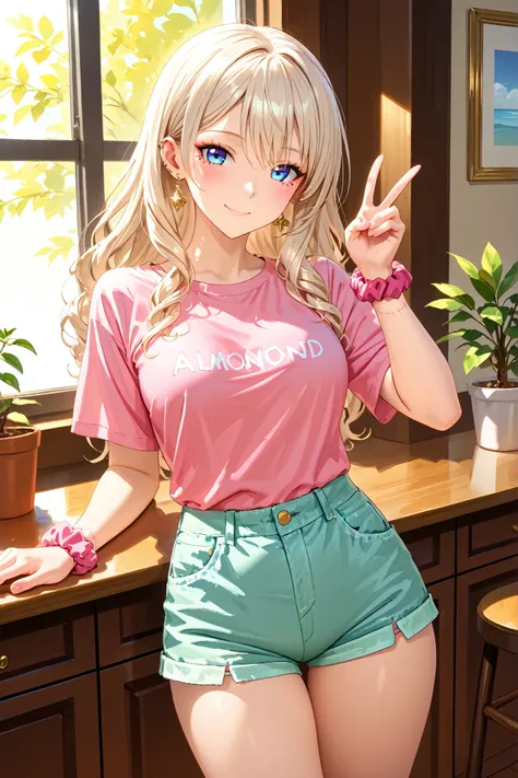 masterpiece,best quality,high resolution,ultra detailed,clean lines,noise reduction,1 adult slender female anime character,age around 20,((platinum blonde hair with soft curls:1.2)),((delicate gold earrings and piercing:1.3)),((almond-shaped blue eyes with...