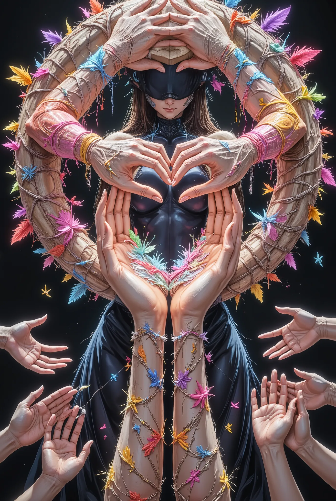 mosaic art where countless hands form the shape of one hand,High Quality,Masterpiece,Super Detail,realistic,Photo realistic,HDR,UHD,Studio Lights,ultra-fine painting,Sharp Focus,physical based rendering,extreme detailed depiction of handmade wood,Professio...
