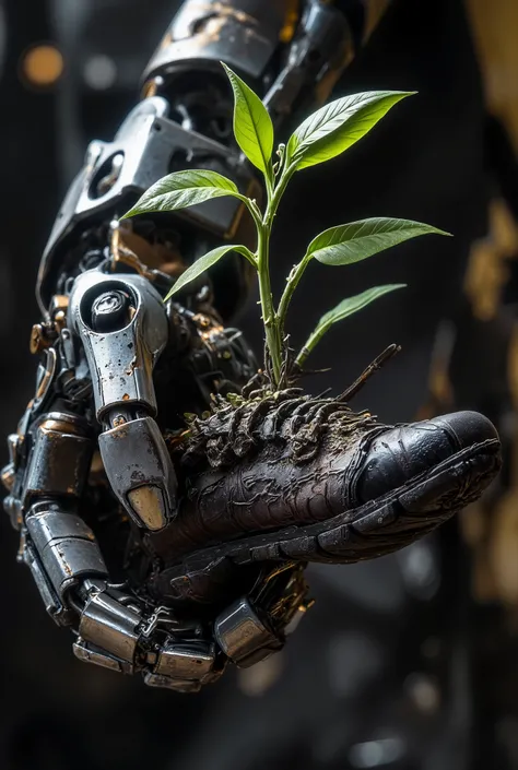 cinematic scene, close-up WALL-E robot's hand, holding a very old shoe with a small green plant growing inside it, blurred background, best quality, wet texture, studio photo, shallow depth of field, vignette, most detailed, bokeh, cinema, dark, epic