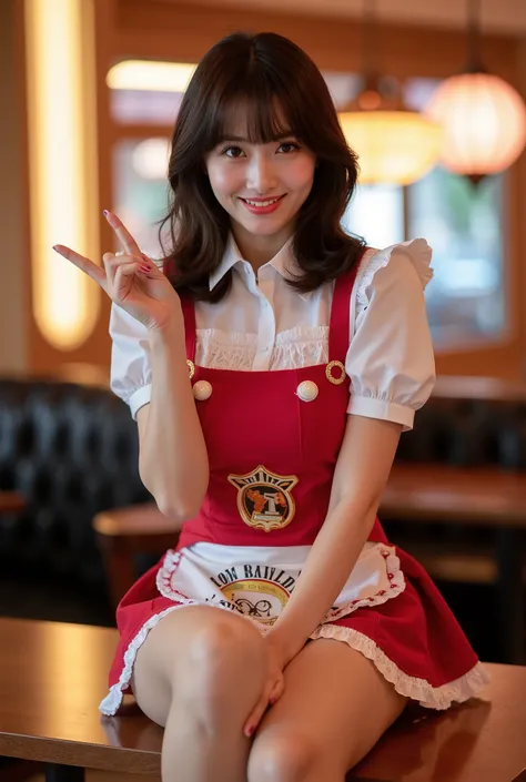 Create a portrait of a very beautiful Japanese female singer. She has a slim physique, medium bust, and slender legs. Her hair is medium-length. She is dressed in a waitress outfit inspired by a western saloon, featuring a skirt with a small apron design, ...
