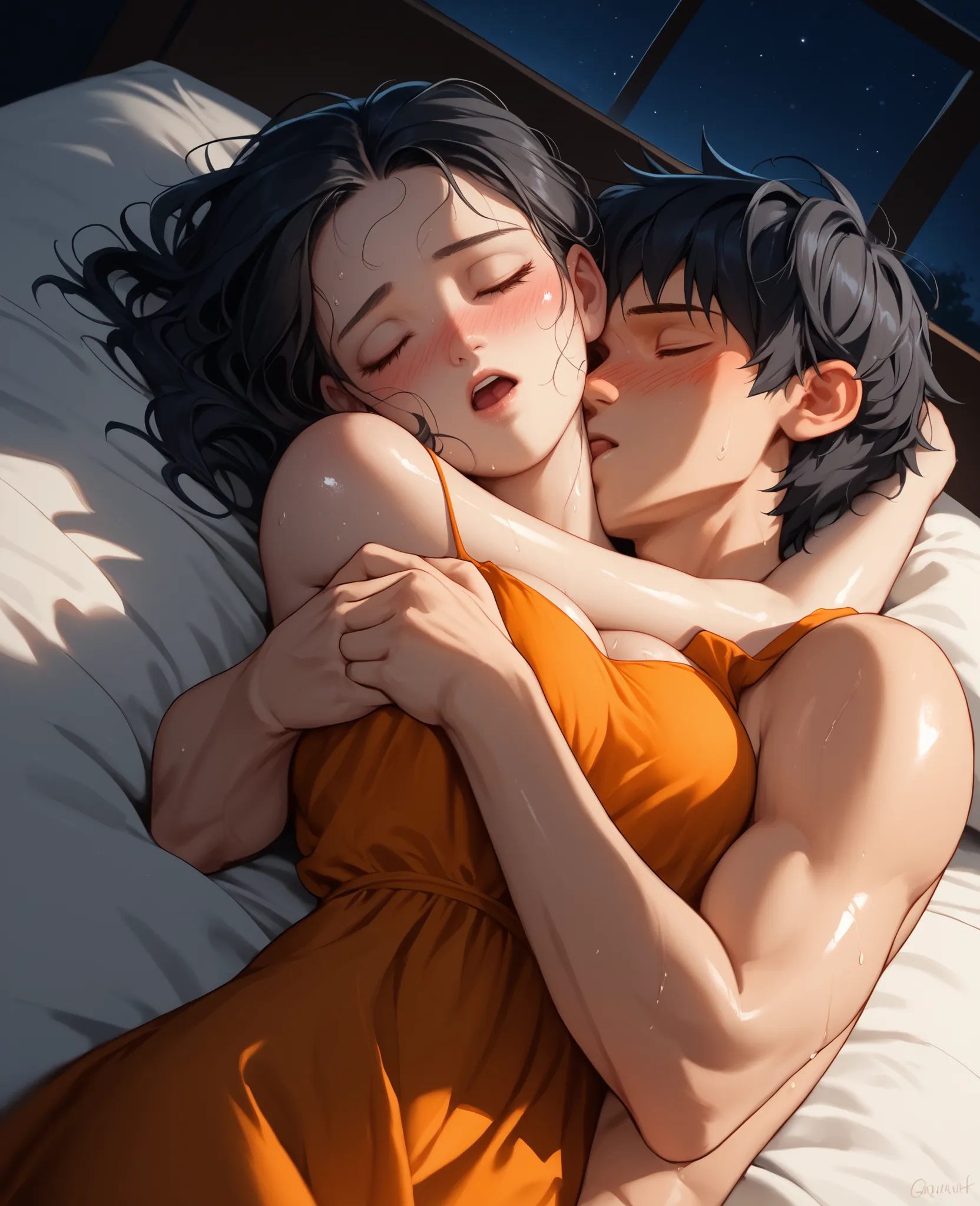 score_9, score_8_up, score_7_up, 1woman, solo, hair, closed eyes, white milky porcelain skin, white-skinned female, black hair in a messy bun, lovely medium breasts, perfect body, orange maxi dress, messy clothes, exposed shoulder, sweat, female organism, ...