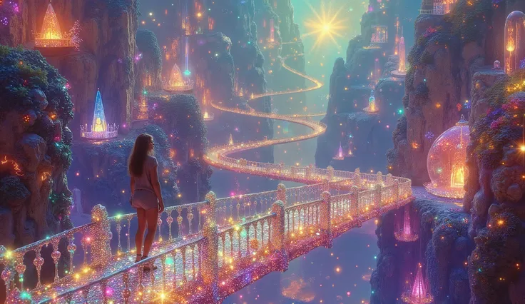 Imagine a solitary figure standing on a bridge constructed from shimmering, iridescent crystals, gazing out at a breathtaking panorama of parallel universes. Each universe is teeming with exotic flora and fauna, creating a vibrant and otherworldly atmosphe...