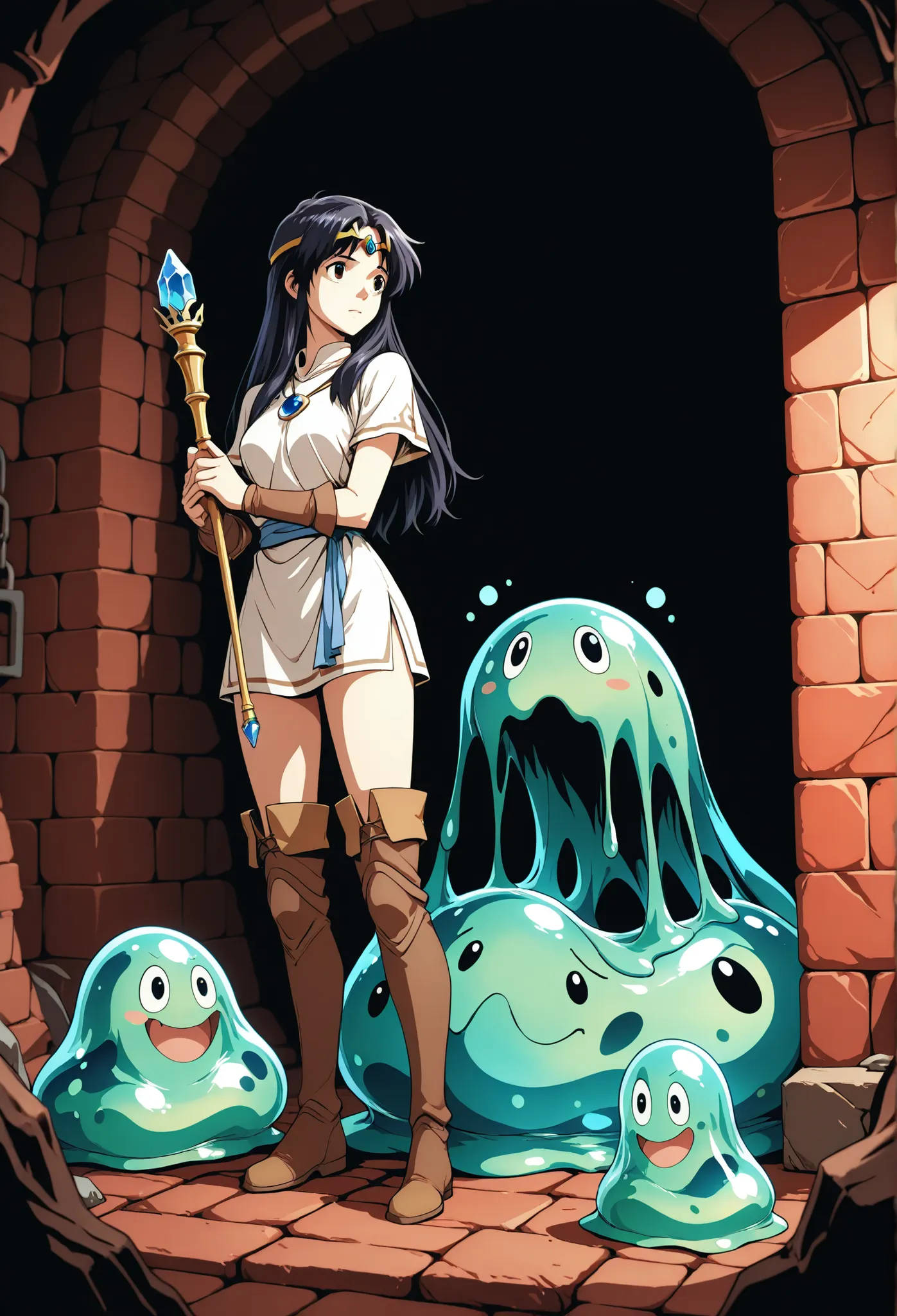 A maiden with dark hair wearing a short white tunic, thigh-high hide boots and circlet, holding a short rod with a blue crystal tip, inside a red brick dungeon, facing off against a green slime monster, alone, in full view in a highly detailed anime style