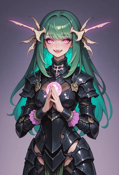 Armored succubus. Green hair. Long hair. Glowing orb hair accessory. Praying mantis design elements. Bone-like armor. Biological armor. Black armor. Weaponized arms. Sandworms growing from her body. Multiple sandworms. Sandworm fangs.