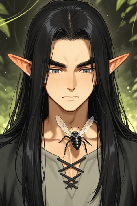 guy; elf; powerful insect and spider magic; elf; black long hair, black thick eyebrows , grey eyes; insects, kind, Cute, are gentle, guy