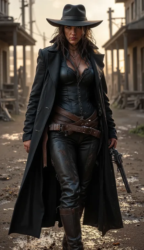 A gritty female gunslinger in a dramatic medium shot, standing in the middle of a muddy, rainy old Western town. She wears a weathered black corset with leather straps and a long duster coat partially open, revealing high-cut leather chaps and detailed gea...