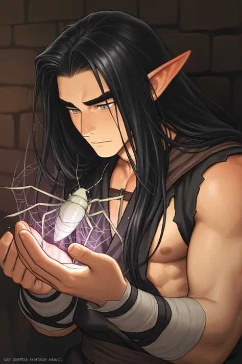 guy; elf; powerful insect and spider magic; elf; black long hair, black thick eyebrows , grey eyes; insects, kind, Cute, are gentle, guy; big bara; dark fantasy