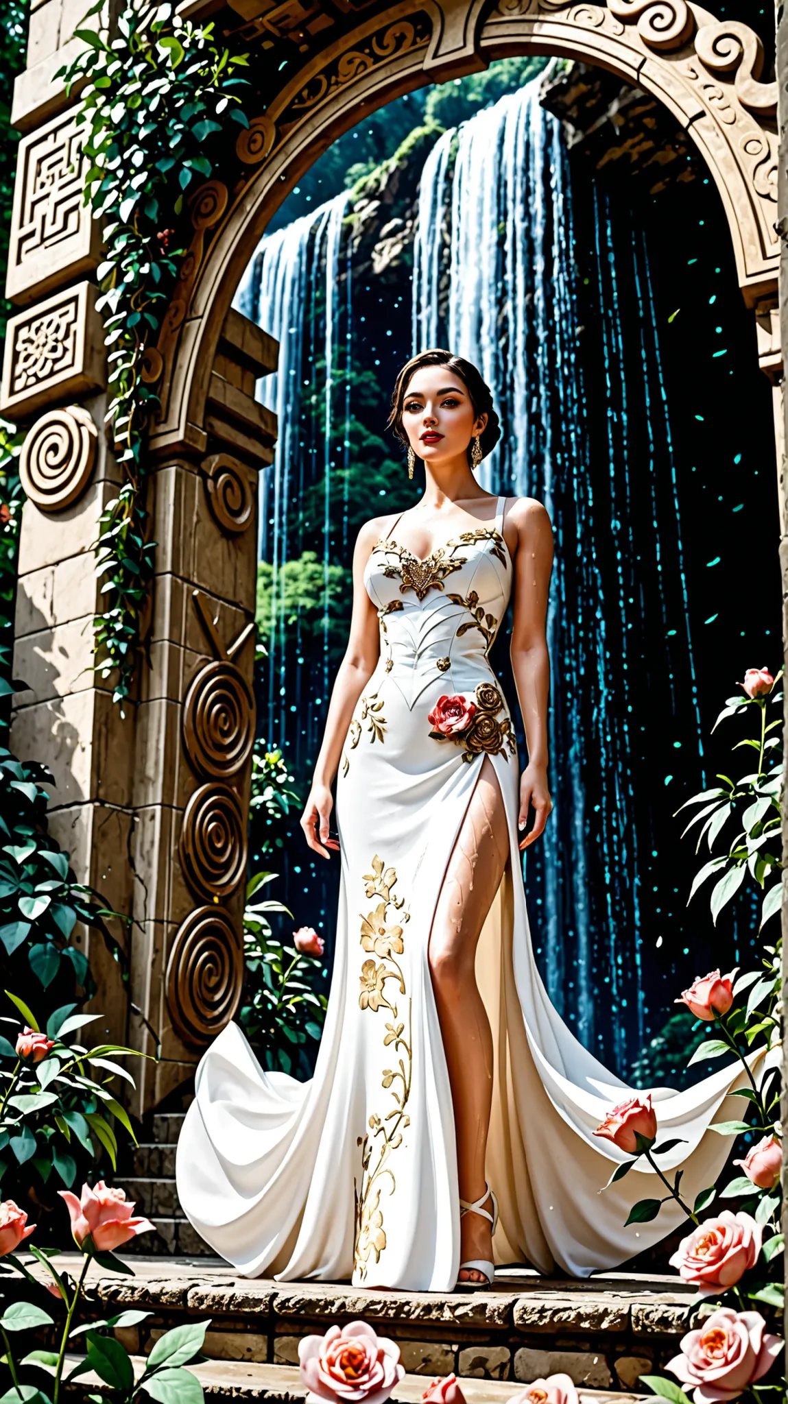 *as Sophia, her voice soft and reverent*

A woman stands at the edge of a towering cliff, her flowing white gown clinging to her form like wet silk. Delicate jasmine blossoms adorn her neckline, while shimmering golden shampoo cascades down her arms.

The ...