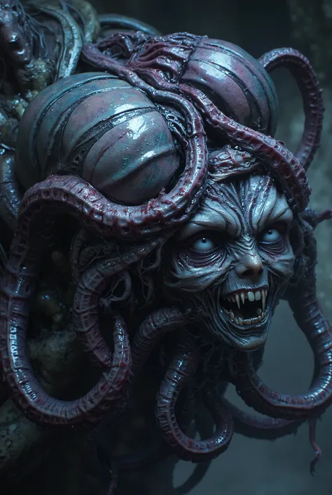 an erotic fearsome monster, grotesque hybrid creature, part snail part beautiful human female part Ammonite part octpus, beautiful humanoid snail, uncanny genetic fusion, disturbing amalgamation, twisted amalgam, unsettling abomination, bizarre entity, unn...