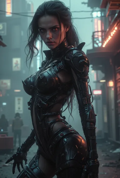 sensual female android, scary, killing machine, detailed cyberpunk character portrait, dark moody atmosphere, dramatic lighting, intense expression, glowing red eyes, metallic skin, sleek mechanical body, sharp angular features, advanced weaponry, urban sc...