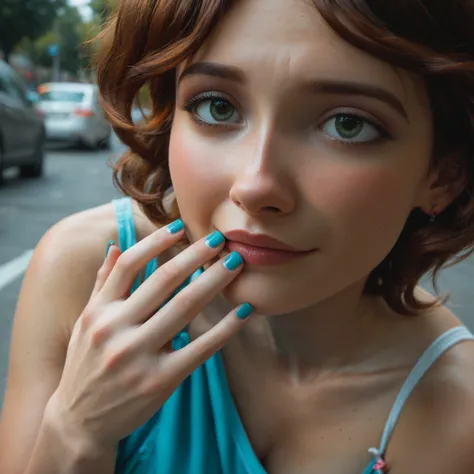 Cass, (((nice hair))), short hair, auburn hair, (((pretty face))), detailed face, beautiful eyes. park in city. Perfect hands. (((close-up of hands))). nails with light blue polish. (((Showing your hands))). Perfect hands, 5 fingers on the hands