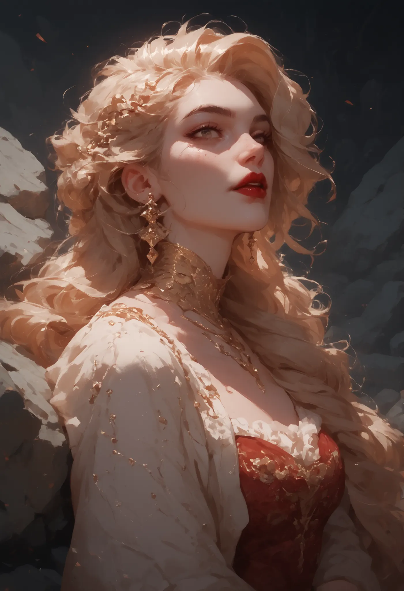 a woman made of rock, . With a soft expression and bold red lips, she exudes confidence and elegance, digital art,