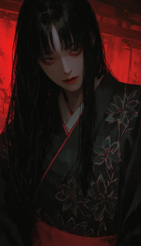 Close-up portrait, solo, 1 girl, (( Kawakami Tomie potraint )) , ( horror ) , wearing a traditional silk kimono with intricate floral patterns. Her face is ethereal: delicate features, porcelain skin, and deep, hypnotic eyes that hold an eerie glint, 1 mol...