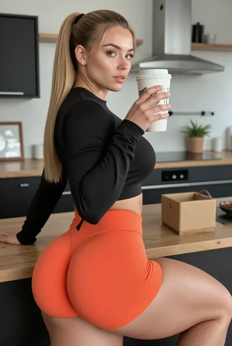 Scandinavian blonde woman,  athletic appearance ,  guitar body, wide hip/grande, thin waist, thick thighs,  light hair, At the bottom she is wearing neon orange training shorts (curto), Hair tied by a ponytail, on the top she's wearing a black Nike sweatsh...