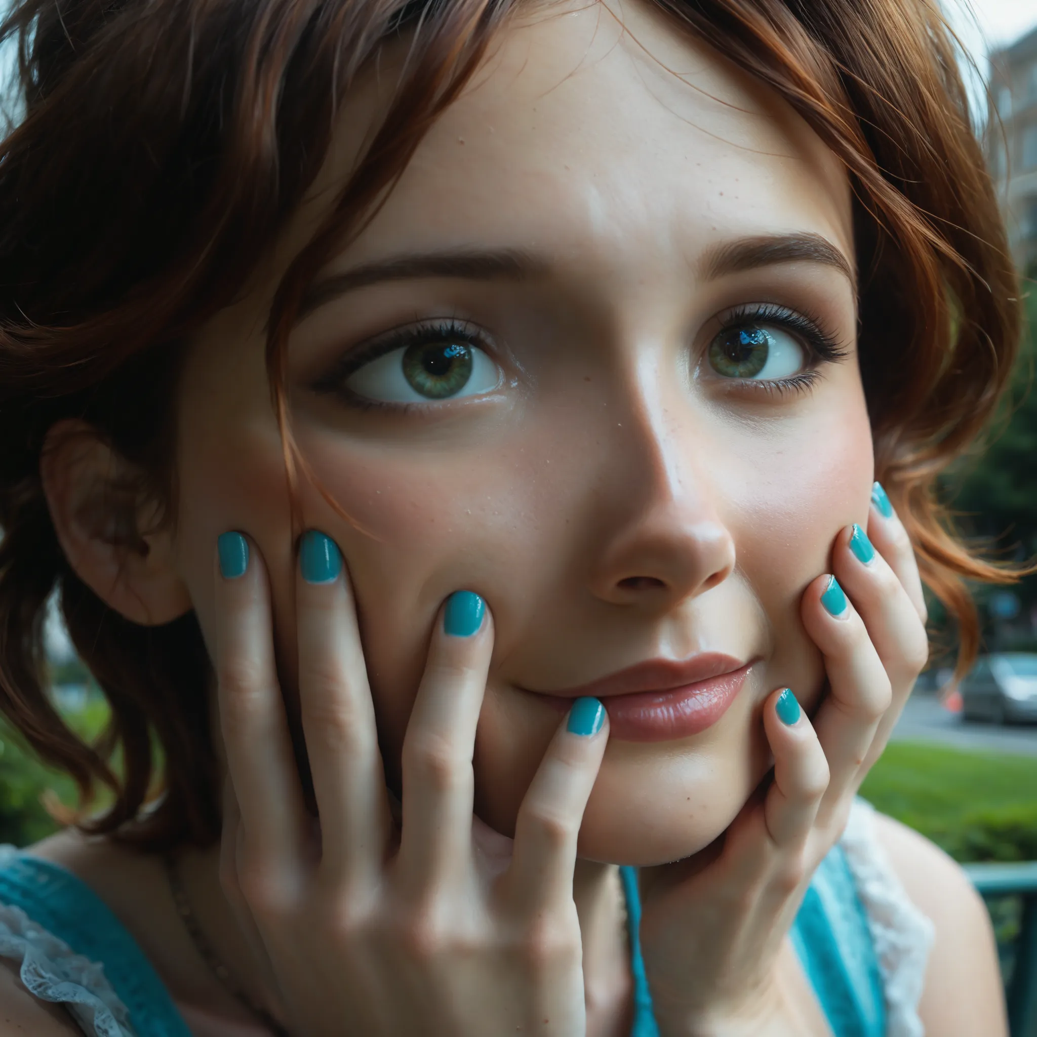 Cass, (((nice hair))), short hair, auburn hair, (((pretty face))), detailed face, beautiful eyes. park in city. Perfect hands. (((close-up of hands))). nails with light blue polish. (((Showing your hands))). Perfect hands, 5 fingers on the hands. (((hands ...