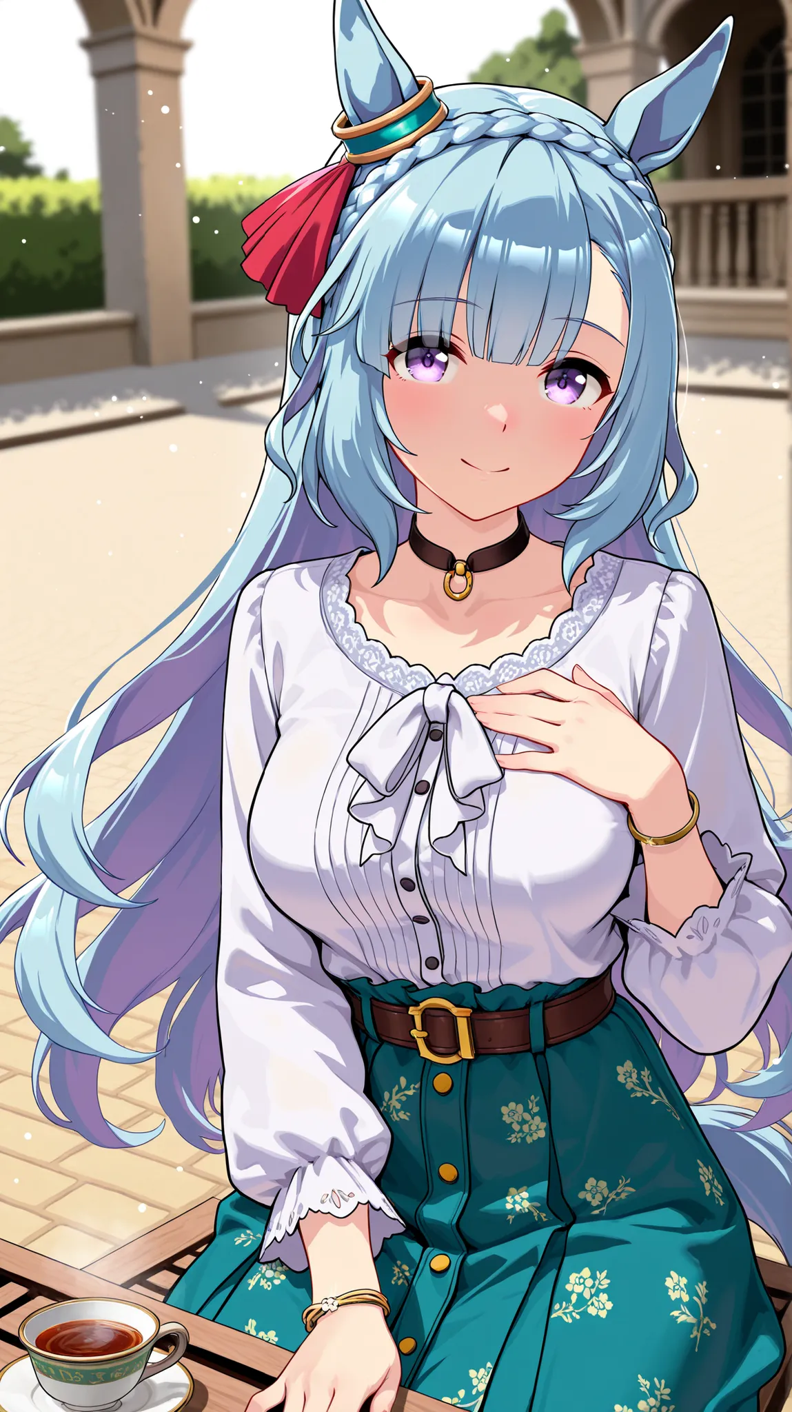 (master piece, professional quality, high resolution, 8k, ultra detailed), mejiro ardan \(umamusume\), Elegantly decorated garden terrace, Enjoy Afternoon Tea, cowboy shot, half-sided angle, sitting, hand on own chest, hand on own legs, looking at viewer, ...