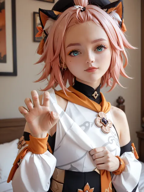 8k ultra hd, photorealistic, hyperdetailed, 3d rendered,  masterpiece, diona (genshin impact), pink hair, cat hand pose