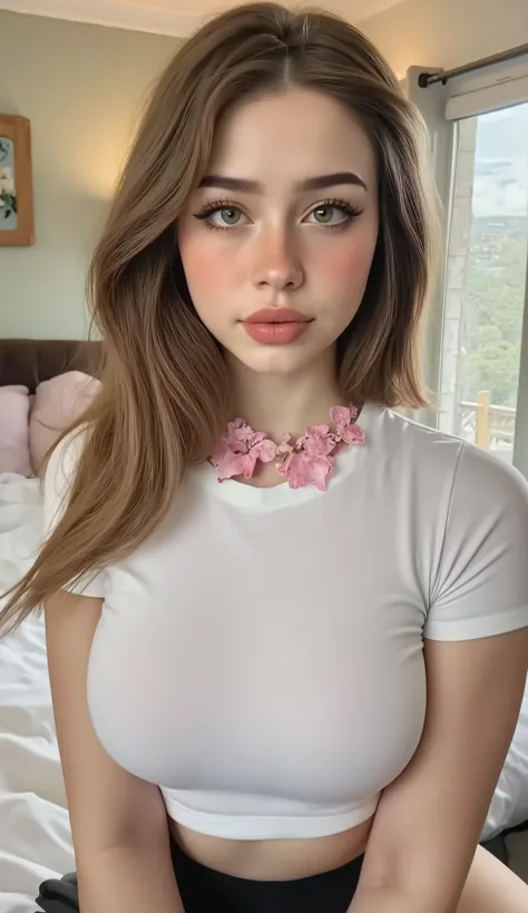 A beautiful woman with fair skin and long, straight light brown hair, dressed in a tight navy blue t-shirt that outlines her hourglass shape and full chest. Her pink floral necklace contrasts gently with the shirt. She stands in a tidy, softly lit bedroom ...