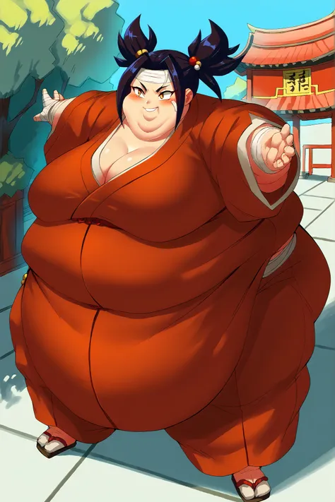 fantasy-style, (zPDXL2), (((cowboy shot))), (((dynamic pose))), (((dynamic angle))), sehele style, webtoon, anime, centered, 1girl, 1woman, smile, cleavage, sarashi, vermilion eyes, black hair, twin tails, bandages,shrine maiden's outfit, blushing, outdoor...