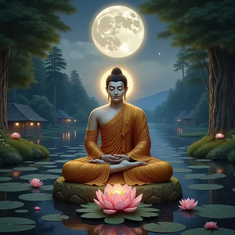 လပြည့်ည နှင့် ကြည်ညိုဖွယ်ရာမြတ်ဗုဒ္ဓ ကြာပွင့်ပေါ်မှာတရားထိုင်နေပုံ
