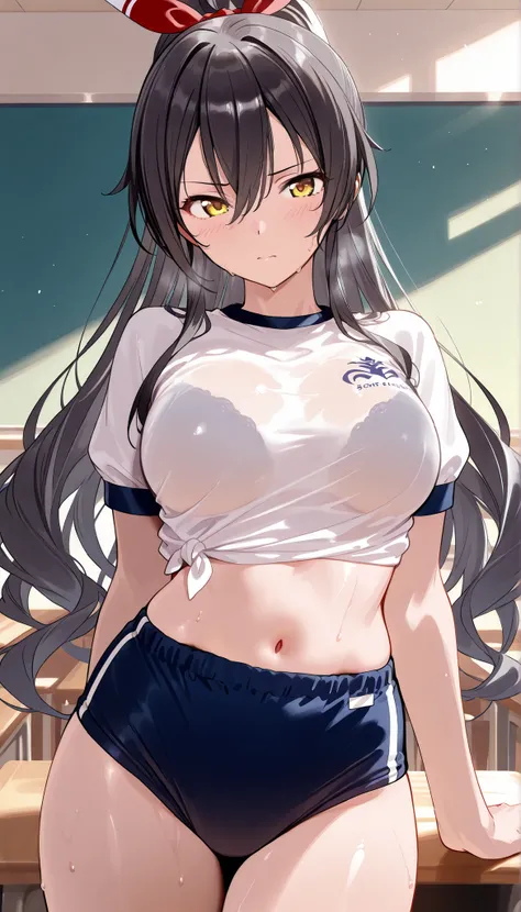 masterpiece, score_9, score_8_up, score_7_up, anime, pinup, masterpiece, full twinkle, perfect face, best quality, high resolution, srssky, very long hair, black hair, high ponytail, bangs, hair between eyes, yellow eyes, large breasts,, standing, navel, b...