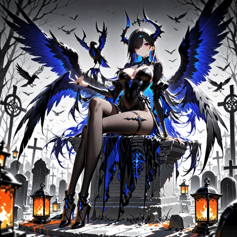 (EyesHD:1.2), masterpiece, best quality, ultra-detailed, very aesthetic, sharp focus, depth of field, vibrant colors, ray tracing, best lighting, detailed illustration, detailed background, cinematic, beautiful face, beautiful eyes, wings on an old graves...