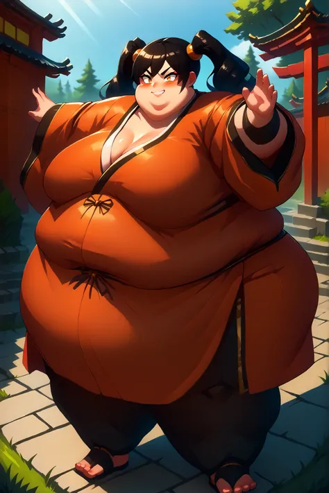 fantasy-style, (zPDXL2), (((cowboy shot))), (((dynamic pose))), (((dynamic angle))), sehele style, webtoon, anime, centered, 1girl, 1woman, smile, cleavage, sarashi, vermilion eyes, black hair, twin tails, bandages,shrine maiden's outfit, blushing, outdoor...