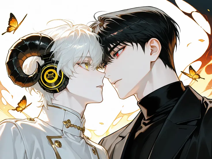 4k , 8k , (1 man, white hair, short hair, soft pastel yellow eyes, pale skin, wearing a black turtleneck with white coat, white coat, sheep horns, Turn to the left)

(1 man, black eyes, black hair, short hair, red eyes, pale skin, wearing a black turtlenec...