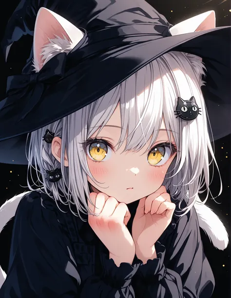 solo, anime, (perfect hands), (perfect anatomy), cinematic shadow, cinematic light, cute and sensitive,body blush, characters focus, detailed eyes, detailed skins, (koneko toujou), short hair, hair ornament, cat hair ornament, yellow eyes, white hair,cat e...