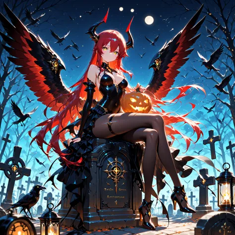(EyesHD:1.2), masterpiece, best quality, ultra-detailed, very aesthetic, sharp focus, depth of field, vibrant colors, ray tracing, best lighting, detailed illustration, detailed background, cinematic, beautiful face, beautiful eyes, wings on an old graves...