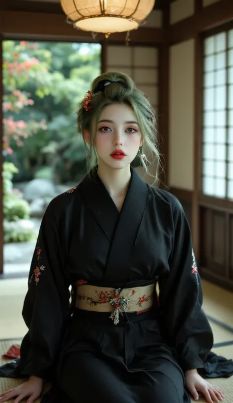  Black Kimono , Tatami room, Japanese pretty girl, raised head, green hair, red lips, full body photo, Big Breasts, Ardown Expression, Serene atmosphere, soft lighting, Four Seasons Garden, Traditional Japanese Architecture, High quality photo, HDR, 4K, super high resolution at home, Realistic, Photo Live-action, traditional, Delicate Details, vibrant colors, soft lighting, traditional 색채, Serene atmosphere