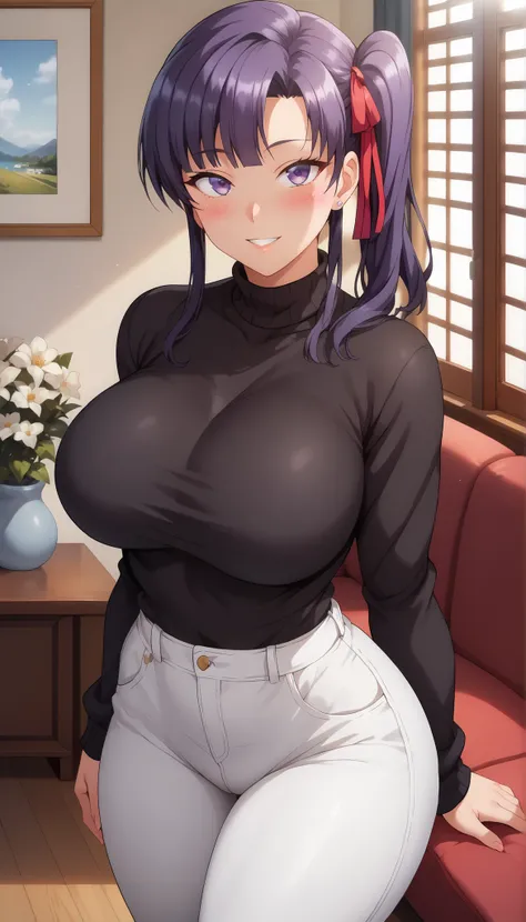 Sakura Miyajima, 
最high quality, masterpiece, Very detailed, high quality, high resolution, A girl, Purple hair, side ponytail, red bow, purple eyes, earrings, beautiful, beautiful and perfect face, Smile, Naughty, Blush, View your audience, black sweater,...