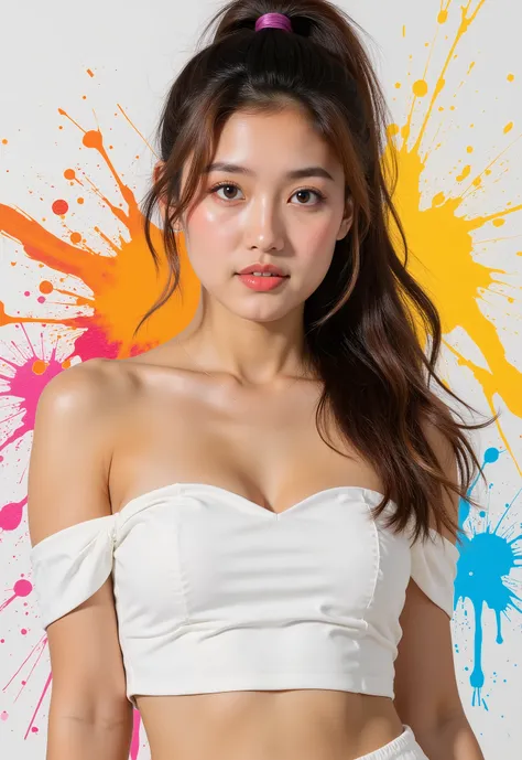(solid background), ((thick acrylic pigment color splashes on a background and clothes, vivid colors of splash and thick paints):1.8), large crystal clear eyes, (high ponytail hair dyed with multiple vivid colors:1.6), (exquisite makeup, long eyelashes), (...