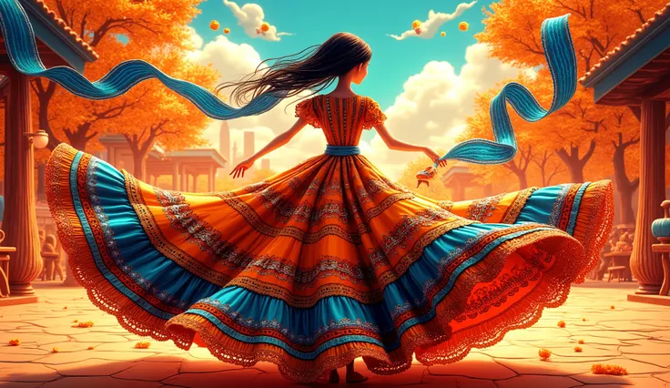 whimsical art style, inspired in Kate Forrester style, inspired in the mexican culture, mexican party, a girl thin and tall with a traditional mexican dress, dance, making the skirt spin, showing the embroidered patterns in ribbon. she has black hair. colo...