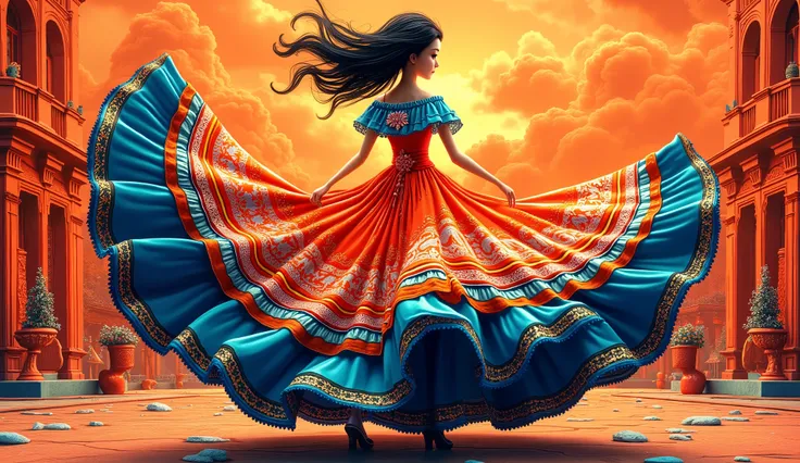 whimsical art style, inspired in Kate Forrester style, inspired in the mexican culture, mexican party, a girl thin and tall with a traditional mexican dress, dance, making the skirt spin, showing the embroidered patterns in ribbon. she has black hair. colo...