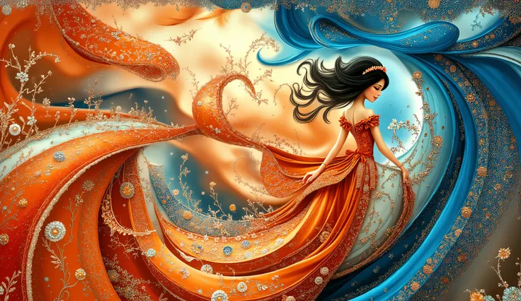 whimsical art style, inspired in the mexican culture, mexican party, a girl thin and tall with a traditional mexican dress, dance, making the skirt spin, showing the embroidered patterns in ribbon. she has black hair. color palette: Maximum Blue, Battery C...