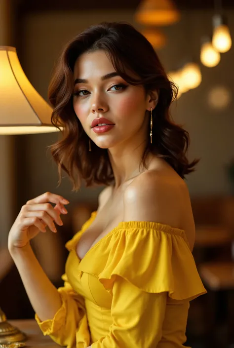woman in yellow dress posing in a restaurant with a lamp, beautiful yellow woman, lady using yellow dress, woman, cute woman, women, beautiful girl, goddess, lovely woman, jaw-dropping beauty, gorgeous lady, detailed hands