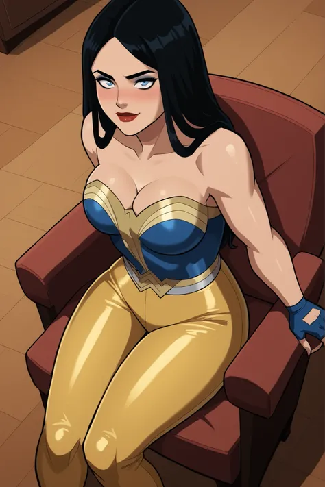 safe_pos, score_9, score_8_up, score_7_up, score_6_up, BREAK, solo, 1girl, wonderwoman, long hair, black hair, blue eyes, large breasts, cleavage, curvy, athletic, smile, closed mouth, bedroom eyes, sultry expression, looking at viewer, wide hips, lipstick...