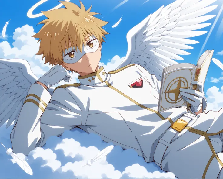 White hero masked men anime,white hero mask,white domino blank mask, solo,white angel uniform,white belt,glove,angel,1boy,male focus,big white angel wing,angel halo,golden eyes,day sky clouds heaven background,inuzuka shuu, blonde,male focus,playful,white ...